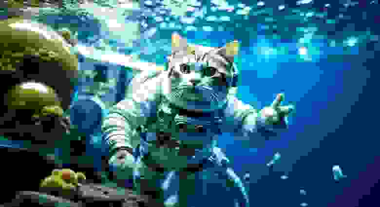 «Кот-астронавт ныряет в море, полное милых рыб, элегантный, высокая детализация, плавный, резкий фокус, красивый, полное тело, кинематографический, 8k» by Kandinsky 2.20