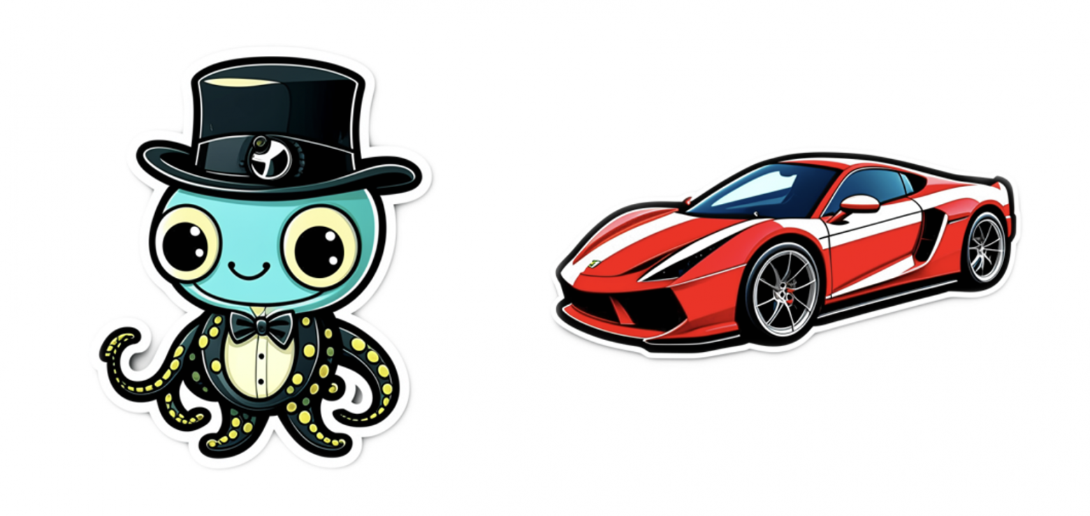 Рисунок 1. Слева — генерация стикера по запросу «Игрушечный улыбающийся милый осьминог в чёрной шляпе»; справа — генерация стикера по запросу «Red sport car» (by Kandinsky 2.2)1