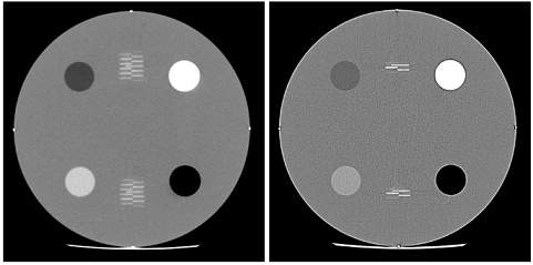 Рис. 8. Изображение центрального слоя фантома CT ACR 464 при правильном позиционировании и при наличии отклонений7