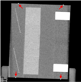 Рис. 6. Изображение центрального сагиттального сечения фантома CT ACR 464 с точечными элементами контроля позиционирования5