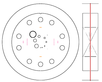 Рис. 9. Схема точного позиционирования фантома Catphan, оранжевым отмечены изображения проволочек, розовым - шарики8